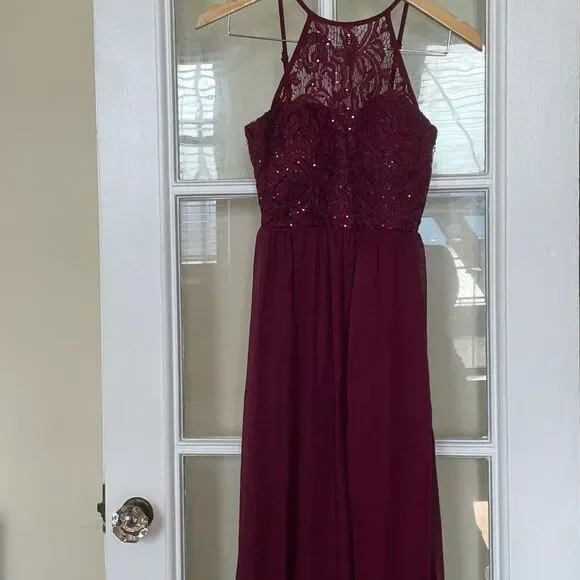 Preowned speechless burgundy lace halter top maxi gown dress junior teen size 3 - Picture 2 of 14